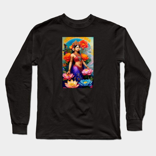 Lakshmi Goddess Lotus Blossom Long Sleeve T-Shirt by mariasshop